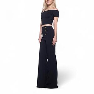 Vintage Black High-waisted Wide-leg Sailor Trousers Tall Stretch Pleated Gold